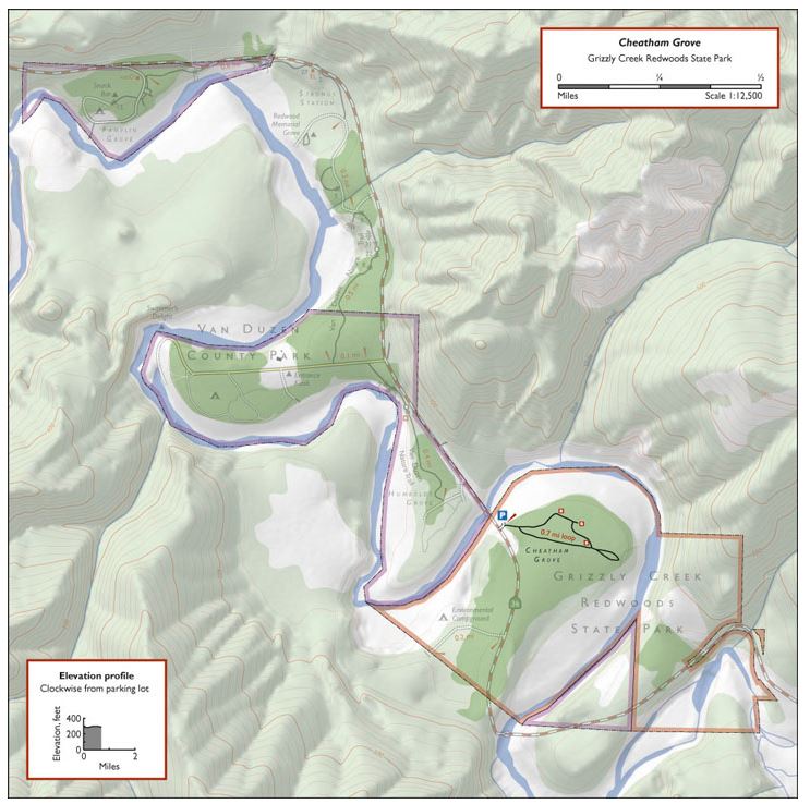 Map to the Owen Cheatham Grove from Redwood Hikes